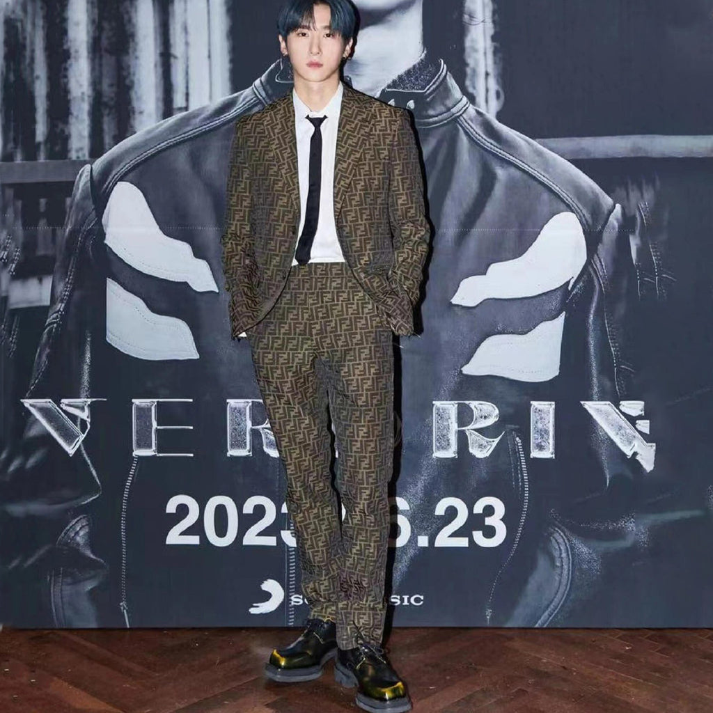 Fendi Men's Fall And Winter F Full Print Casual Suit Jacquard Lapel Single-breasted Jacket Straight Suit Pants Set #71558