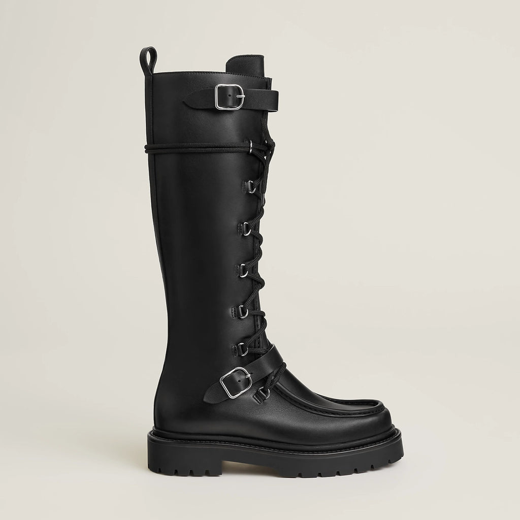 Hermes Women's Fall/Winter Landscape Boots Lace-Up Round-Toe High-Top Boots Solid-Color Cowhide Casual Shoes Heel Height: 3.5cm Ngvp #2326