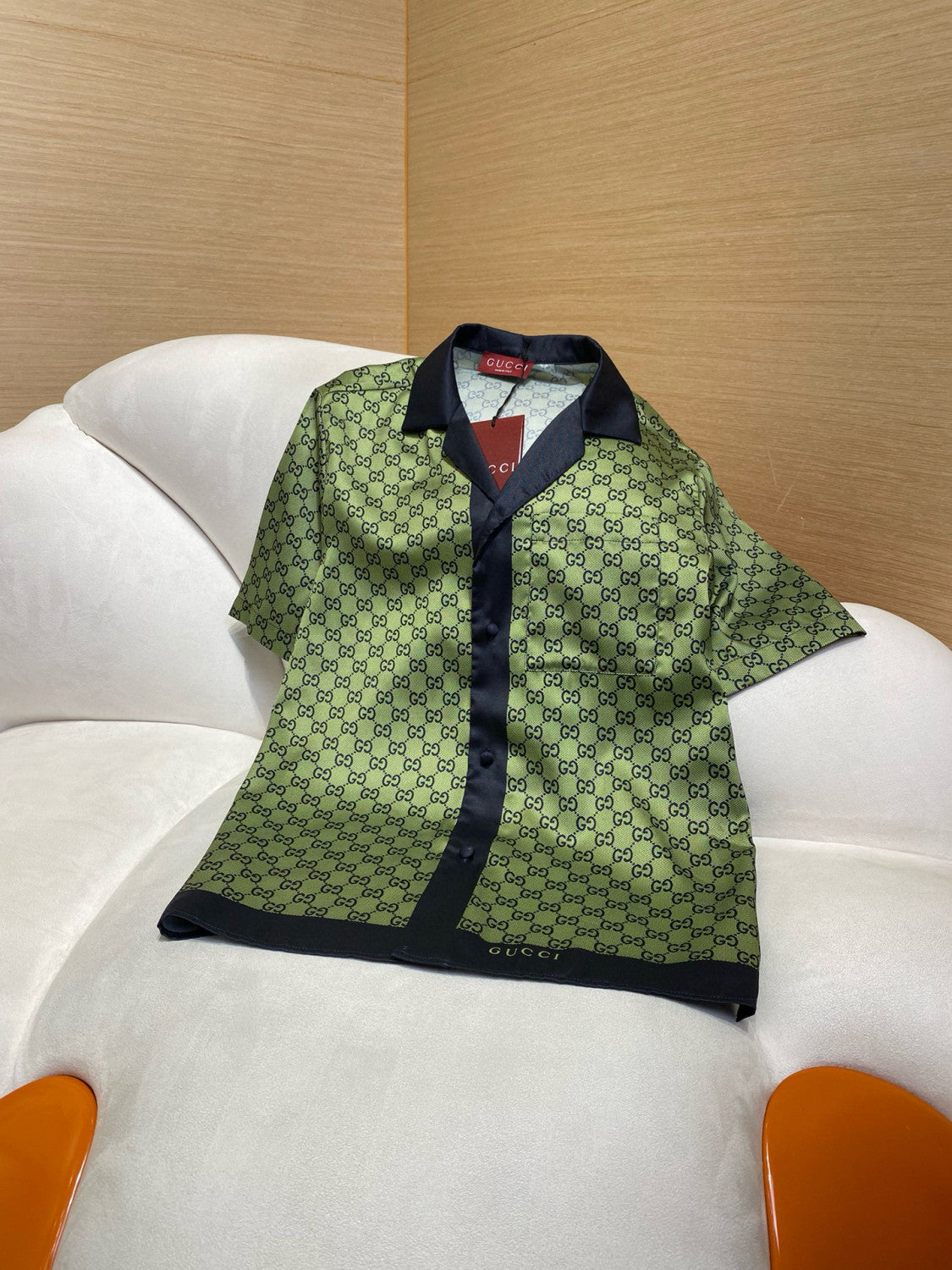 Gucci Men's Summer Logo Full Print Single Breasted Short Sleeve Shirt Stretch Waist Casual Shorts Set Suit #75939