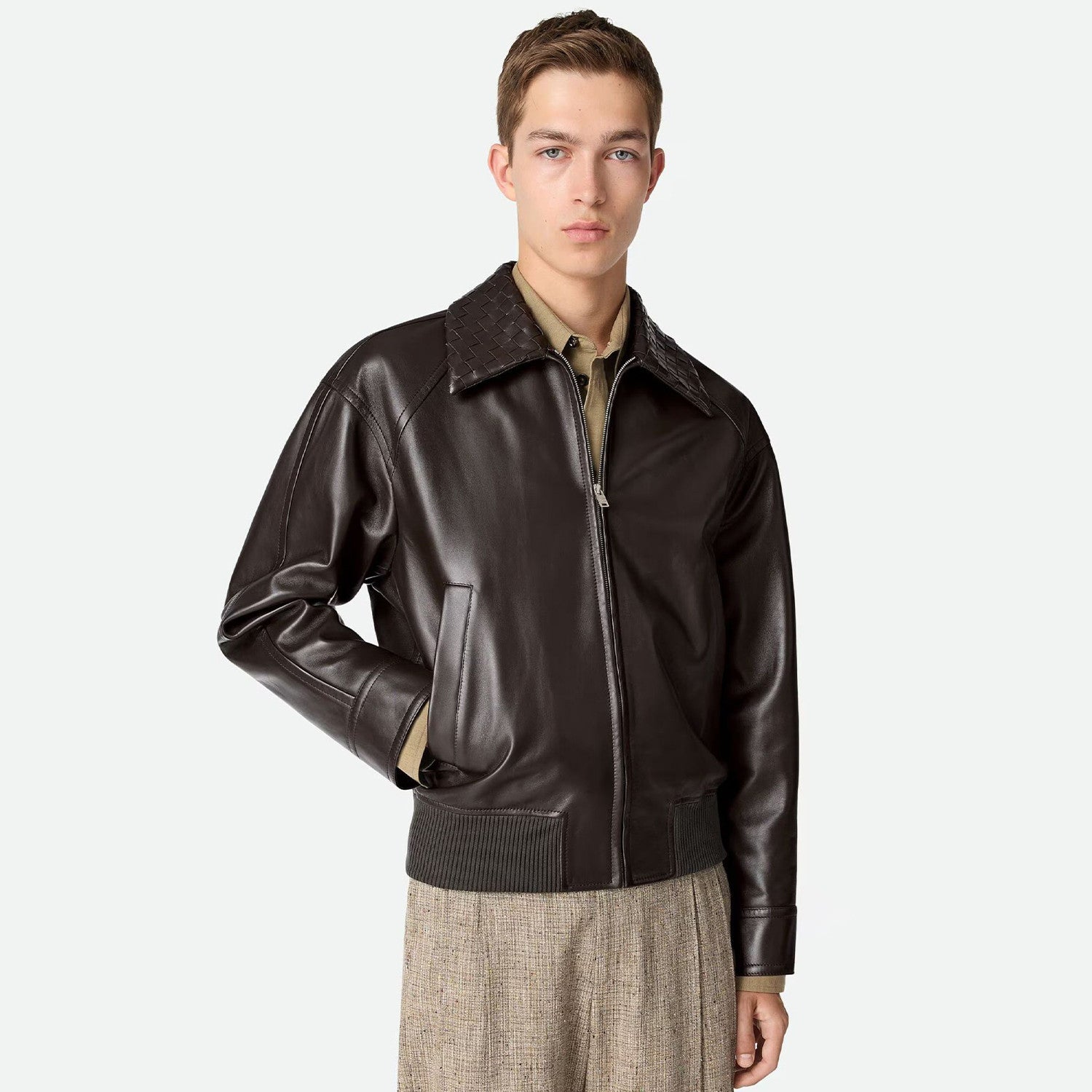 Bottega Veneta Men's Fall And Winter Woven Leather Collar Zipper Leather Jacket Business Casual Fashion Luxury Leather Jacket Coat Ngvp #2484