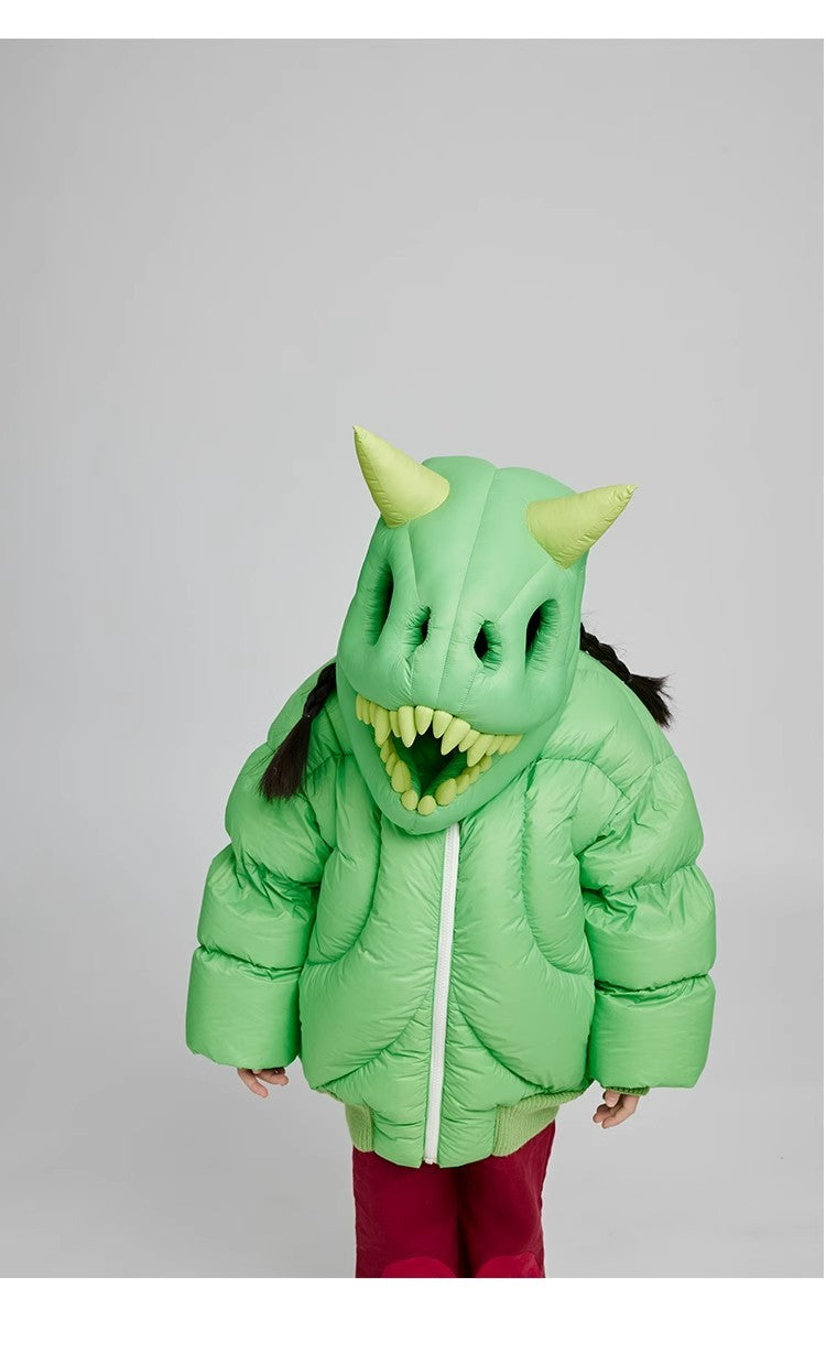 Kid's Autumn And Winter Solid Color Three-Dimensional Cutting Dinosaur Cap Hooded Loose Long-Sleeved Puffer Down Jacket #31323