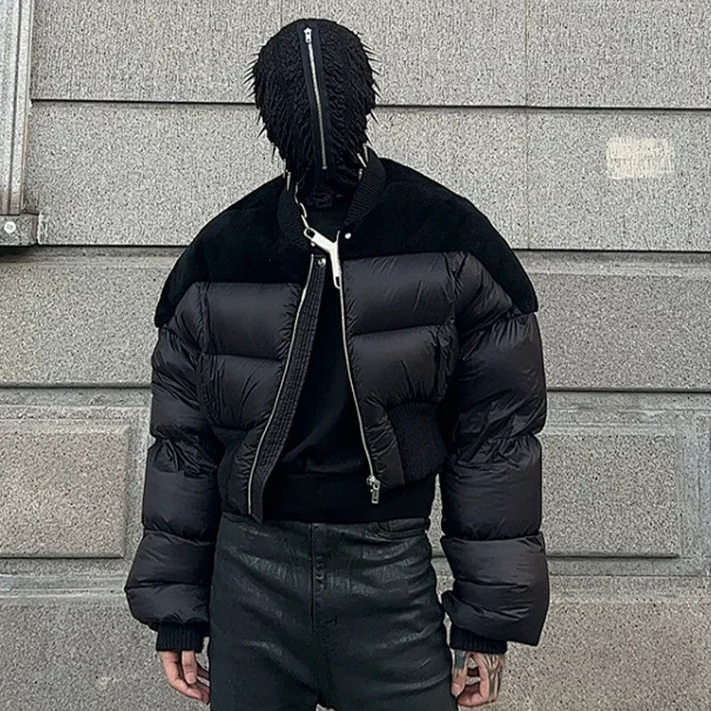 Rick Owens Men's Dark Style Short Splicing Puffer Down Jacket Autumn And Winter Solid Color Zipper Collarless Jacket #81336
