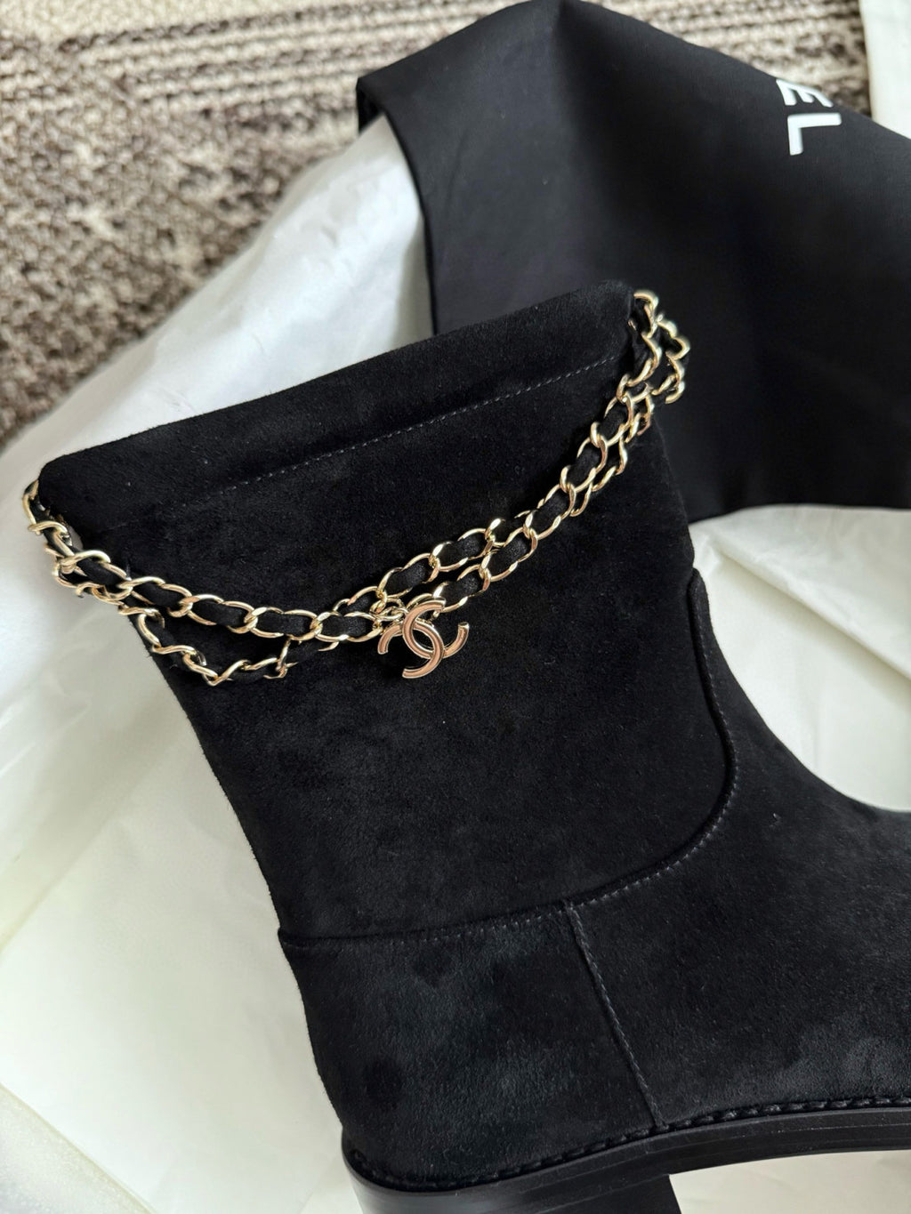 Chanel Women's Fall/winter Fashion Classic Solid Color Leather Suede Round Toe Cuffed Chunky Heel Chain Pendant Ankle Boots Shoes #79218