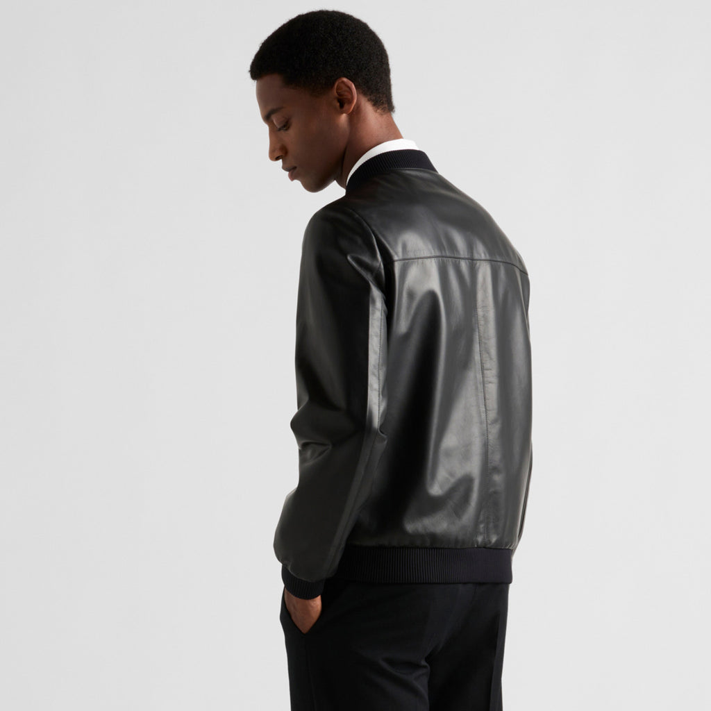 Prada Men's Fall/Winter Fashion Classic Solid Color Leather Crew Neck Zip Up Reversible Leather Plain Weave Jacket #79345