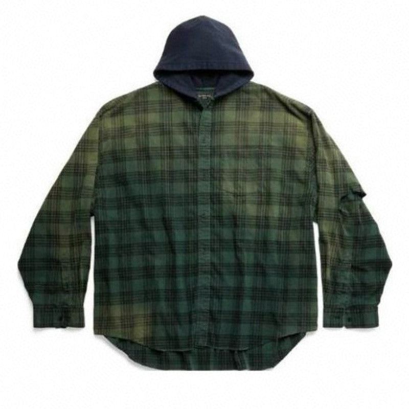 Balenciaga Men's Spring And Summer Fashion Trend Color Blocking Plaid Buttons Hooded Long-sleeved Shirt Loose Casual Ngvp #7448