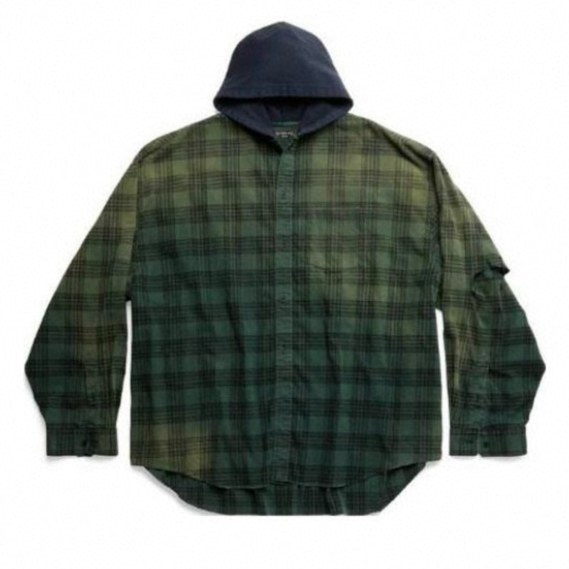 Balenciaga Men's Spring And Summer Fashion Trend Color Blocking Plaid Buttons Hooded Long-sleeved Shirt Loose Casual Ngvp #7448