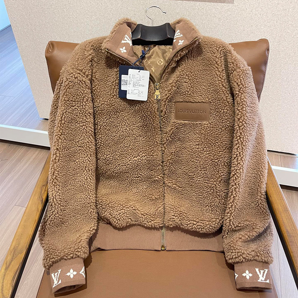 Louis Vuitton Women's and Men's Suede Leather Label Teddy Velvet Suede Belted Jacket With Leather Patches #332529