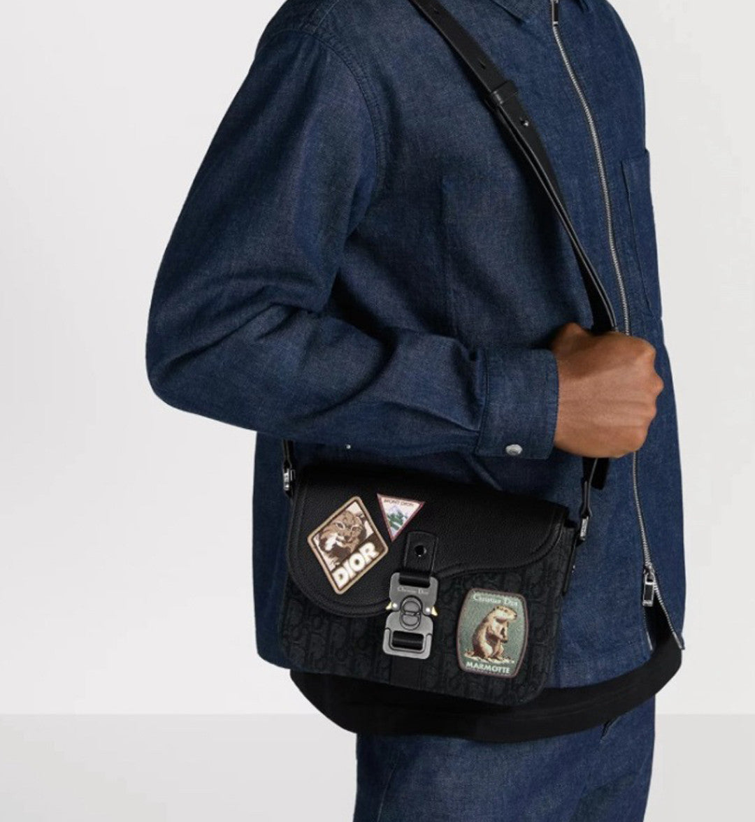 Dior Men's Male Black Grainy Leather Saddle Messenger Bag with CHRISTIAN DIOR Logo Jacquard Shoulder Strap Crossbody Bag #195094