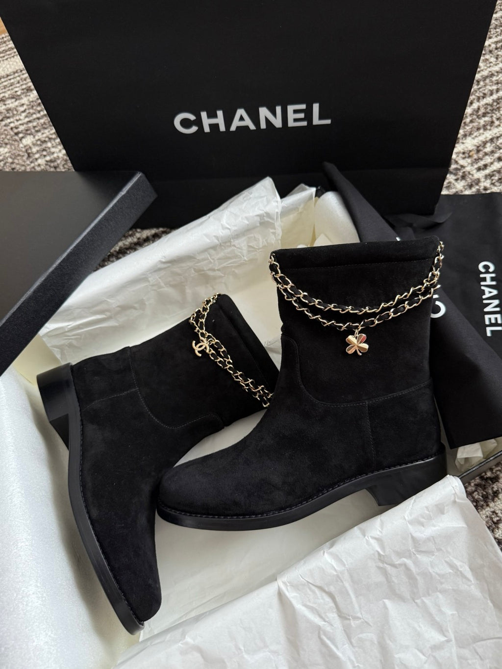 Chanel Women's Fall/winter Fashion Classic Solid Color Leather Suede Round Toe Cuffed Chunky Heel Chain Pendant Ankle Boots Shoes #79218