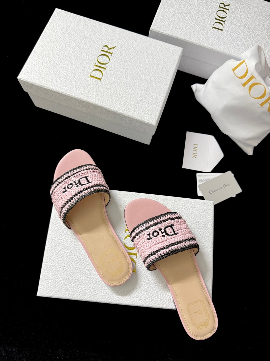 DIOR Dioriviera Dior Woven Slide Soupir Pink Crocheted Raffia-Effect Technical Fabric #387794