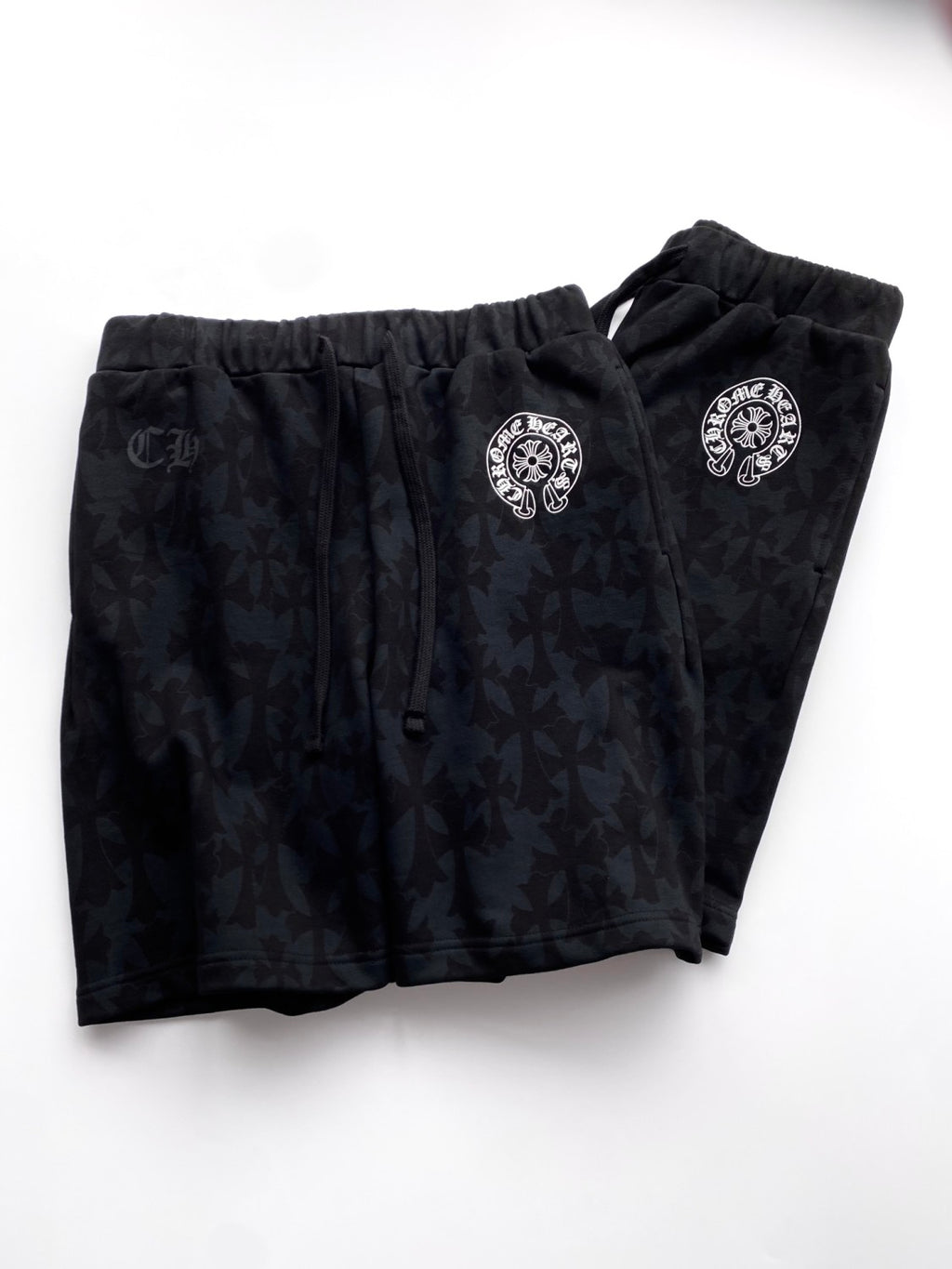Chrome Hearts Men's Summer Black Logo Print Stretch Lace-Up Straight Shorts #99848