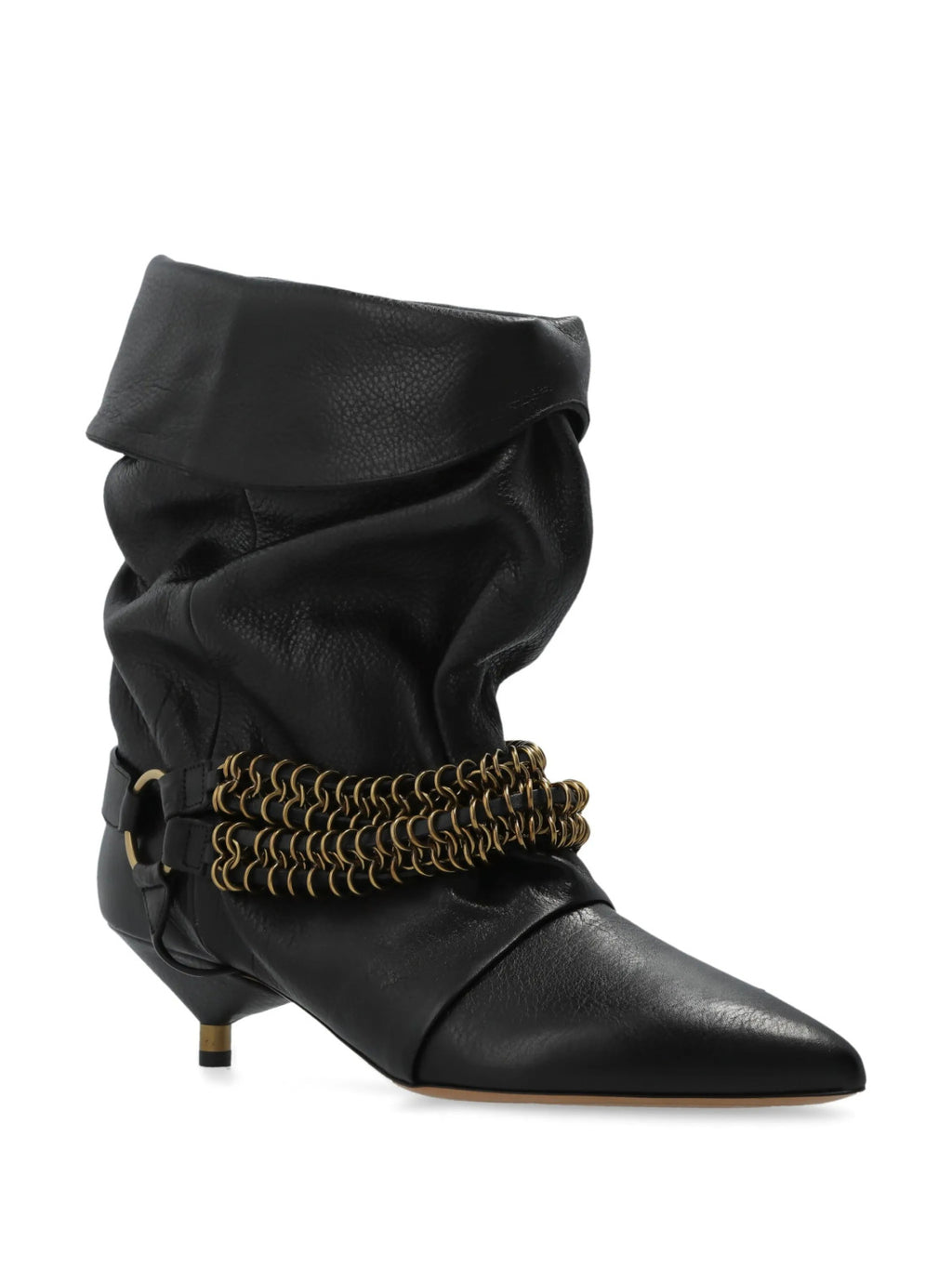Isabel Marant Women's Autumn and Winter Edrik Leather Boots Solid Color Pointed Toe Pleated Surface Metal Chain Buckle Short Boots Heel 4.5cm Casual Shoes Ngvp #1941