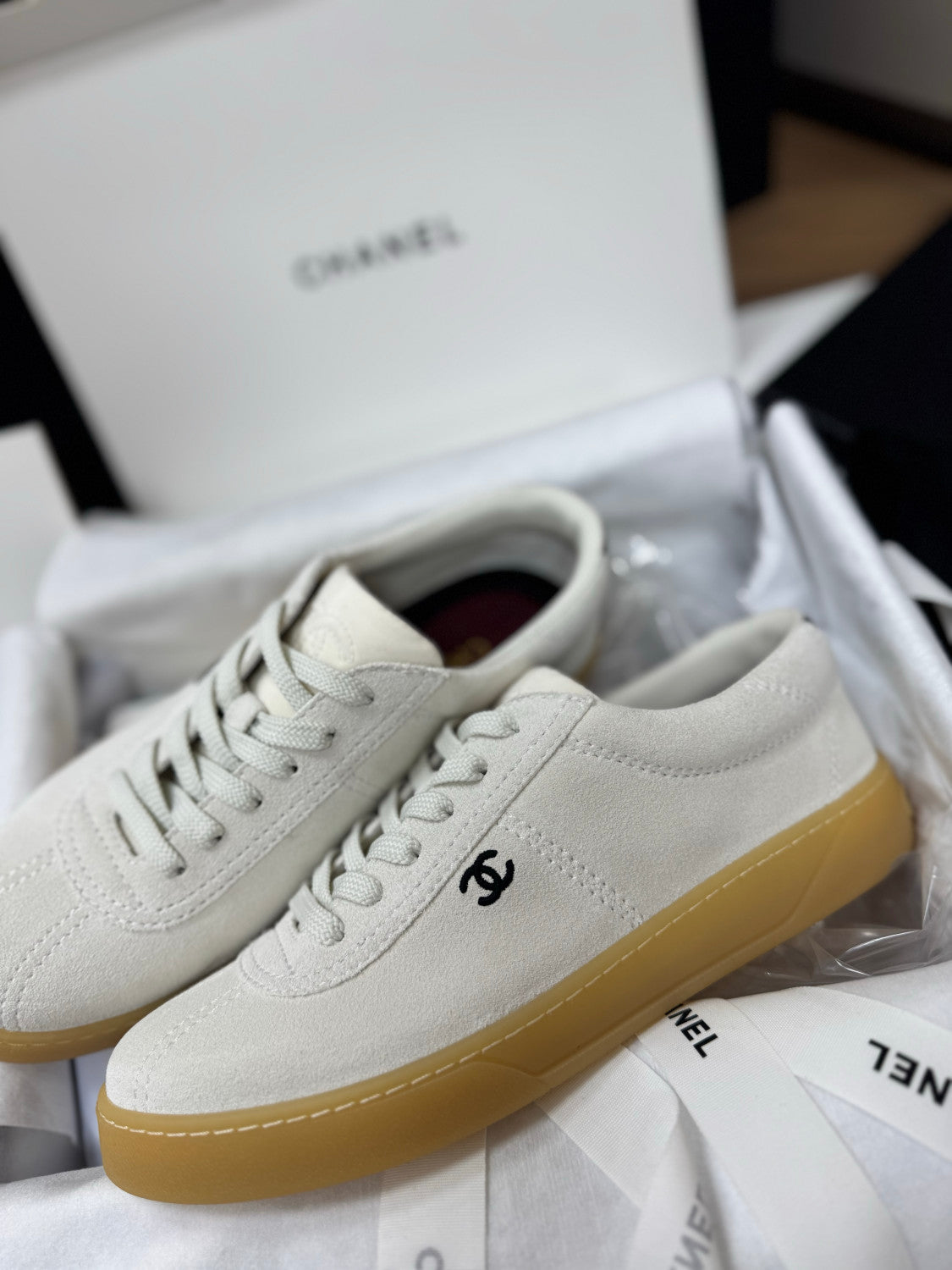 CHANEL Sneakers Suede Calfskin Calfskin White Black #381214