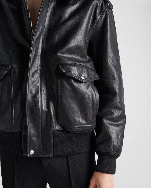 Prada Men's Autumn Winter Black Hair Collar Zip Leather Long Sleeve Jacket #99477