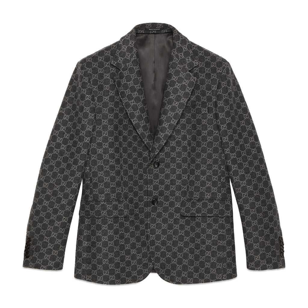 Gucci GG Flannel Men's Dark Gray Spring and Autumn Logo Full Printed Pattern Lapel Single Breasted Long Sleeve Jacket #98143