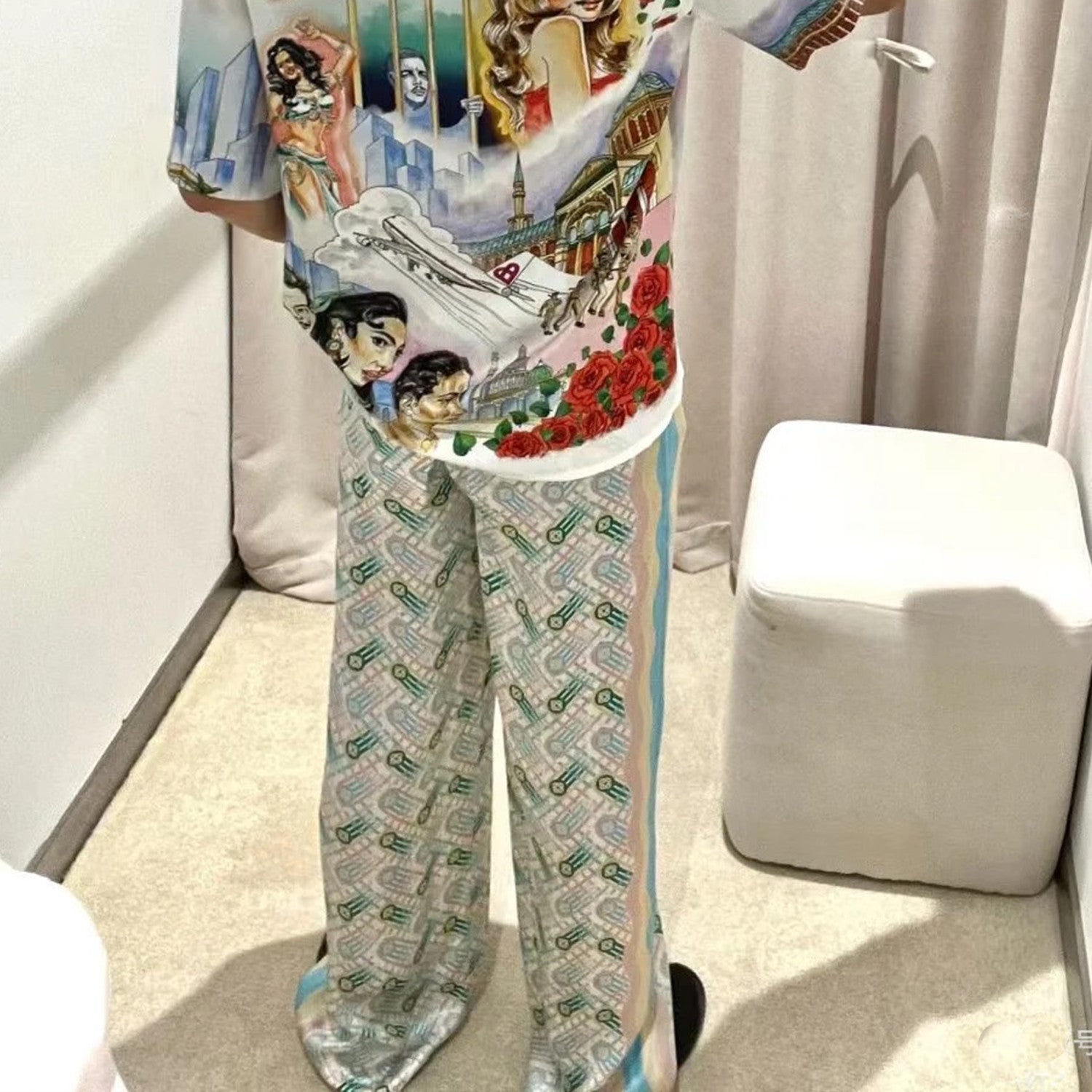 Casablanca Men's Summer Thin Versatile Printed Pants American High Street Loose Straight Casual Wide Leg Trousers #71785