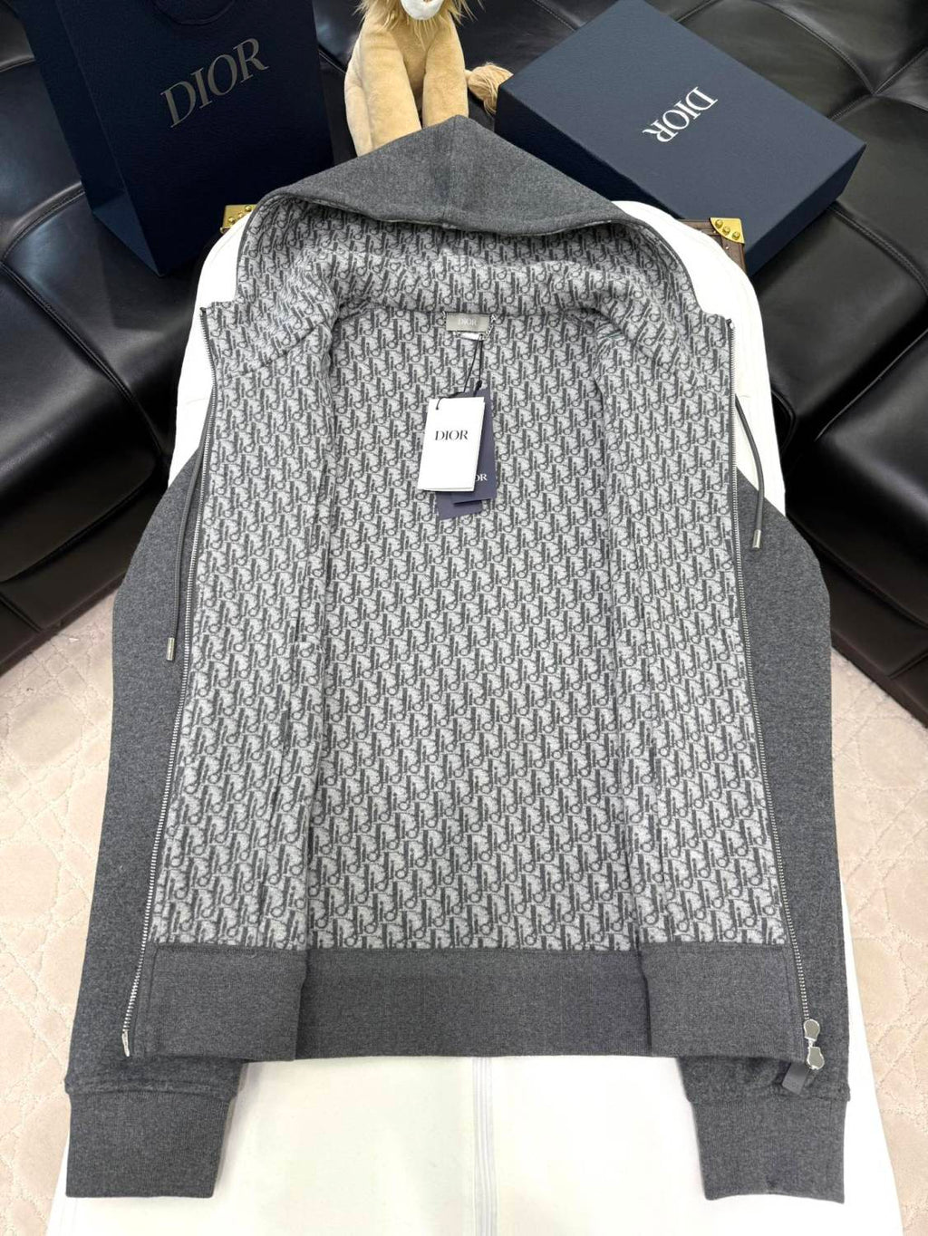 Dior Men's Spring and Autumn Solid Color Jacquard Cashmere Hooded Zipper Long Sleeve Jacket Drawstring Lace-Up Leisure Pants Suit Set #74477