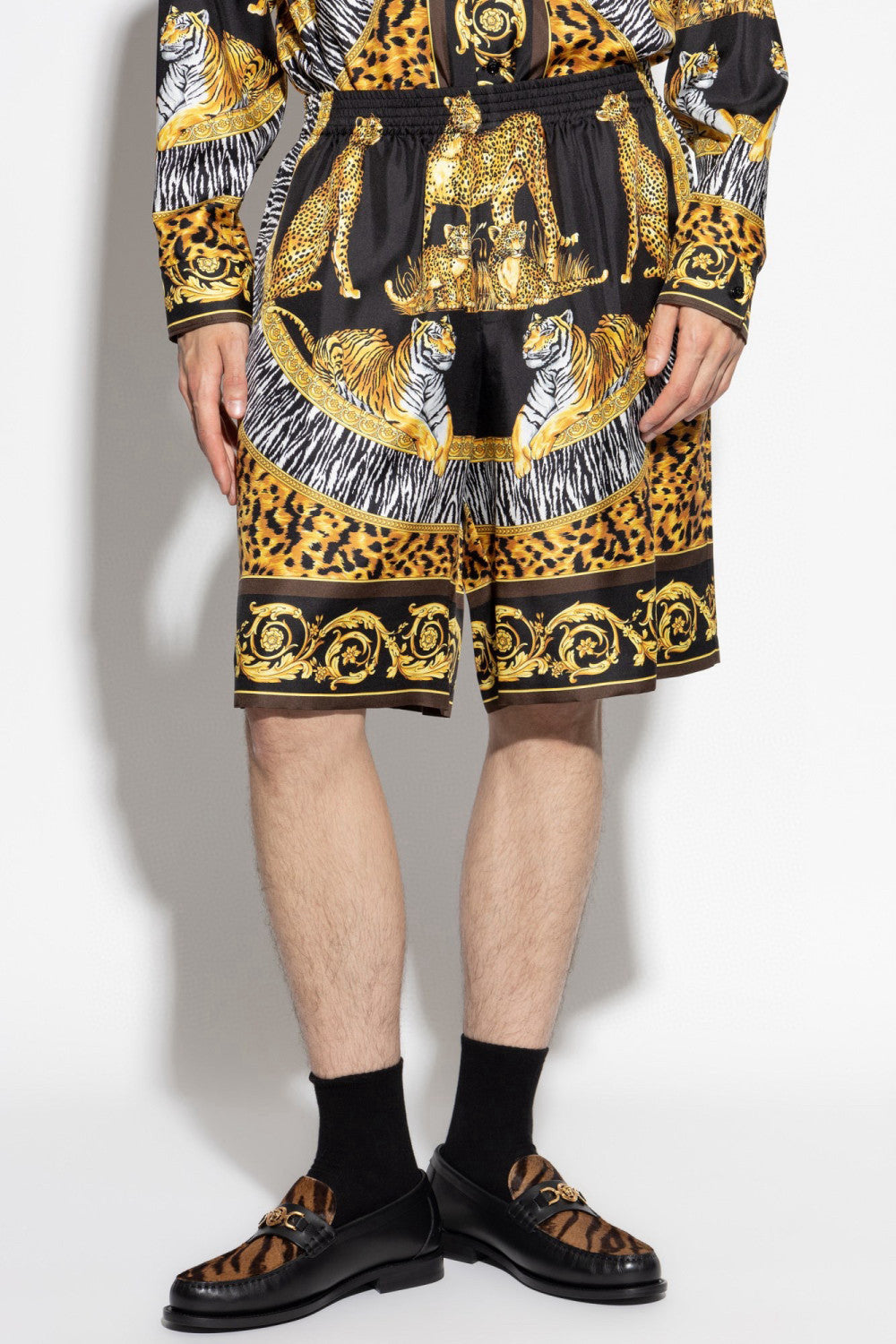 Versace Wild Cats Silk Lapel Shirt Shorts Set Men's Luxury Temperament Casual Single-breasted Shirt Elastic Waist Shorts Suit Set Ngvp #2444