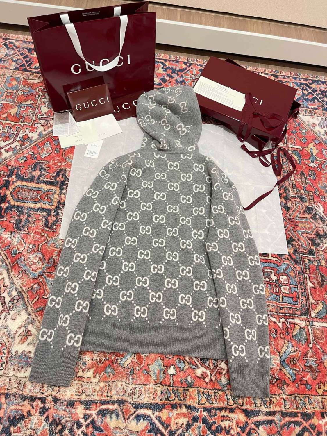 Gucci Men's Autumn and Winter Gray Full Printed Reversible Hooded Zipper Long Sleeve Jacket #74292