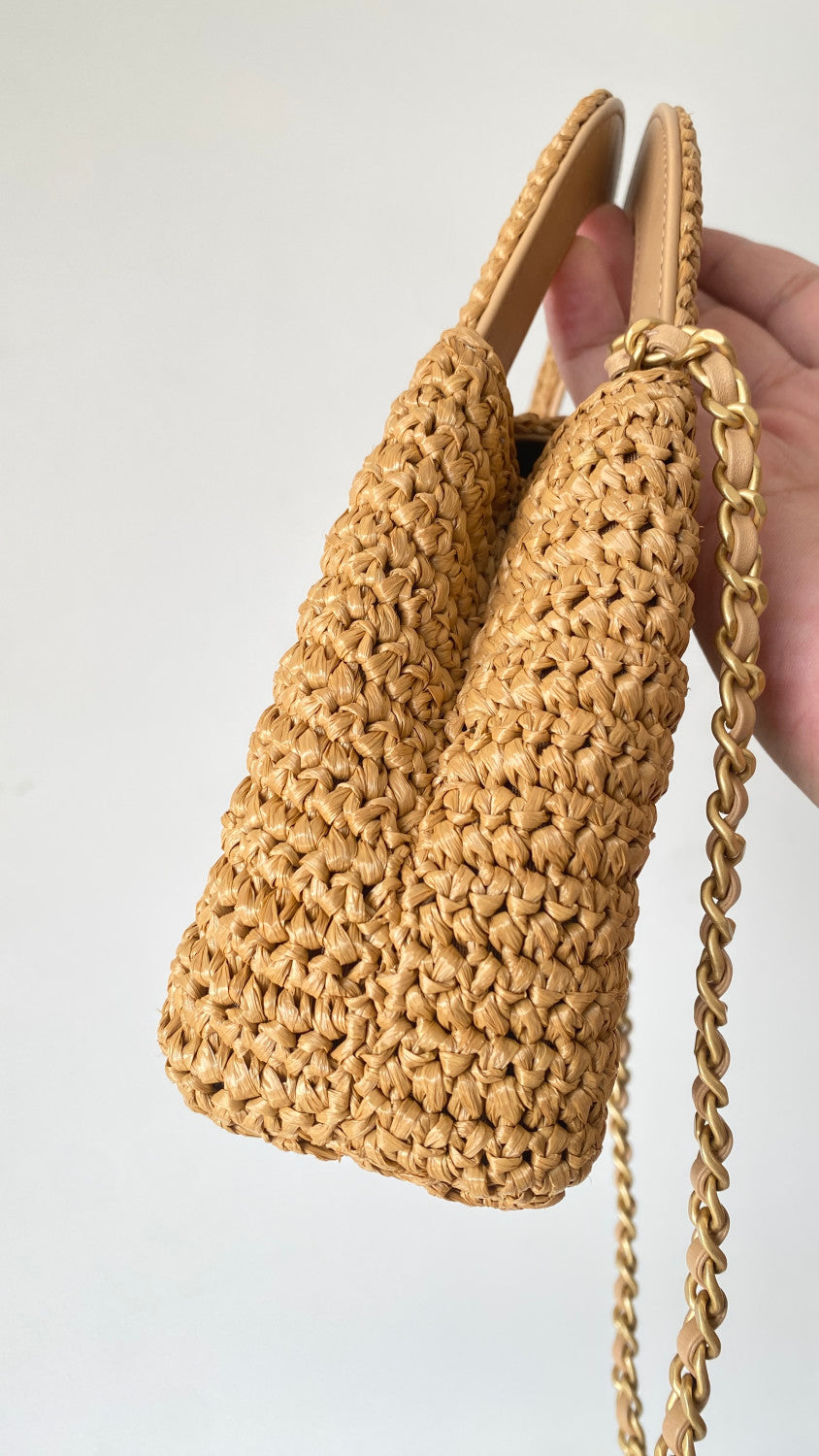 Chanel Mini Shopping Bag Braided Raffia Gold Tone Metal Dark Beige #335258