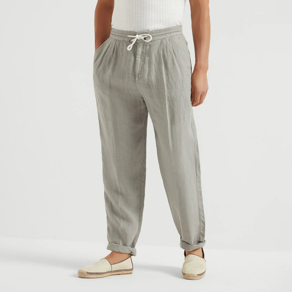 Brunello Cucinelli Men's Four-Season Drawstring Tie-Waist Plain-Colored Fitted Casual Linen Pants Ngvp #2296