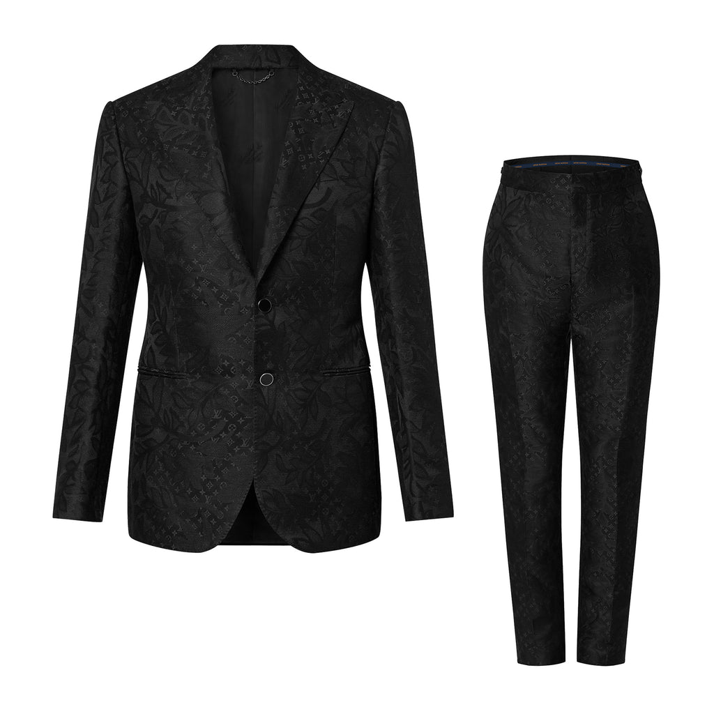Louis Vuitton Men's Black Full Logo Printed Single Breasted Cotton Long Sleeve Jacket Coat Blazer Pants Suit Set #98784