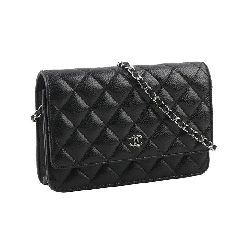 CHANEL Classic CC Logo Silver Buckle Lychee Leather Black #332724