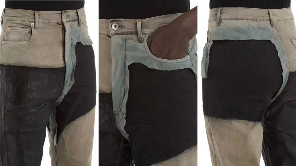 Rick Owens Men's Spring and Autumn Old Wash Splicing Coating Wax Pants Wide Leg Flare Jeans Pants #76795