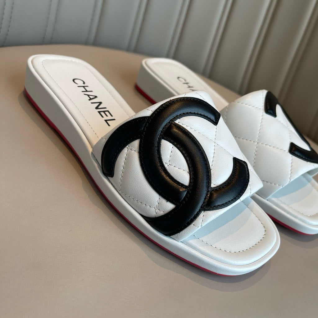 Chanel Women's Summer Double C Print Solid Color Leather Sandals Slippers Shoes #77691