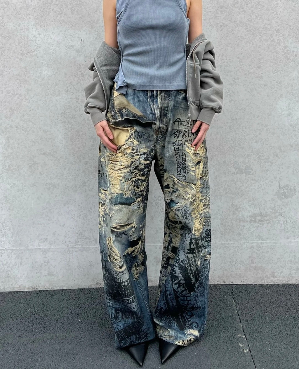 Acne Studios Men's Four Seasons Printed Hole Torn Solid Color Super Baggy Straight Fit Jeans Ngvp #1413