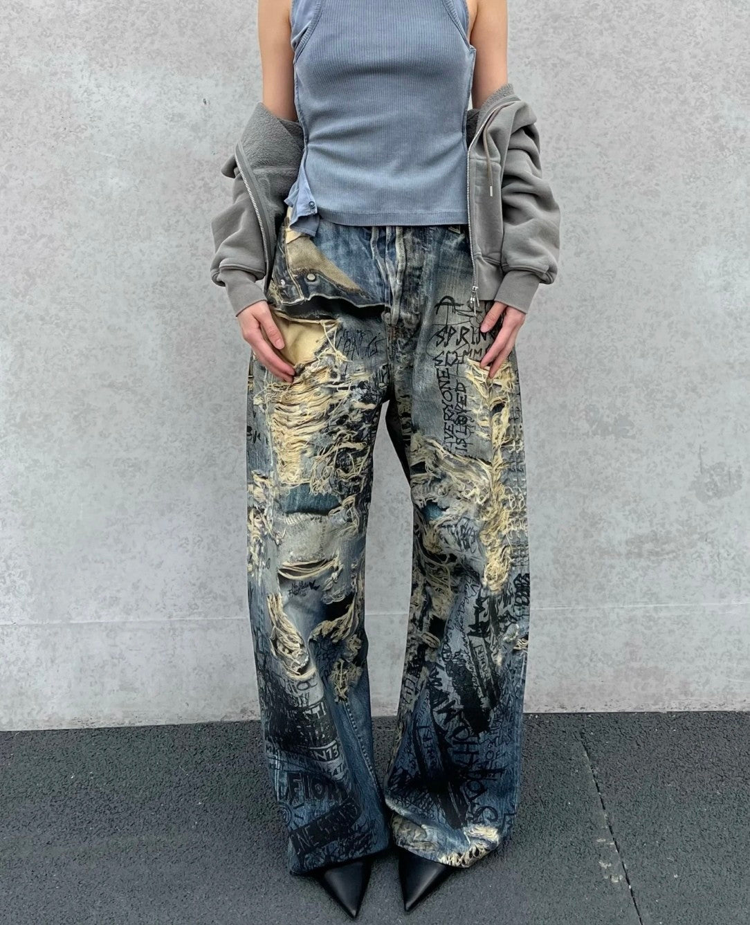 Acne Studios Men's Four Seasons Printed Hole Torn Solid Color Super Baggy Straight Fit Jeans Ngvp #1413