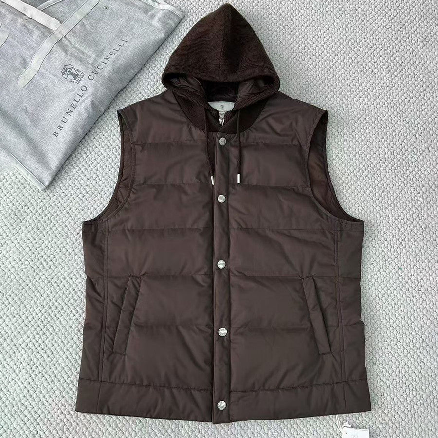 Brunello Cucinelli Men's Fall/Winter High-Street Color-Blocked Single-Breasted Solid Sleeveless Hooded Down Vest Ngvp #2321