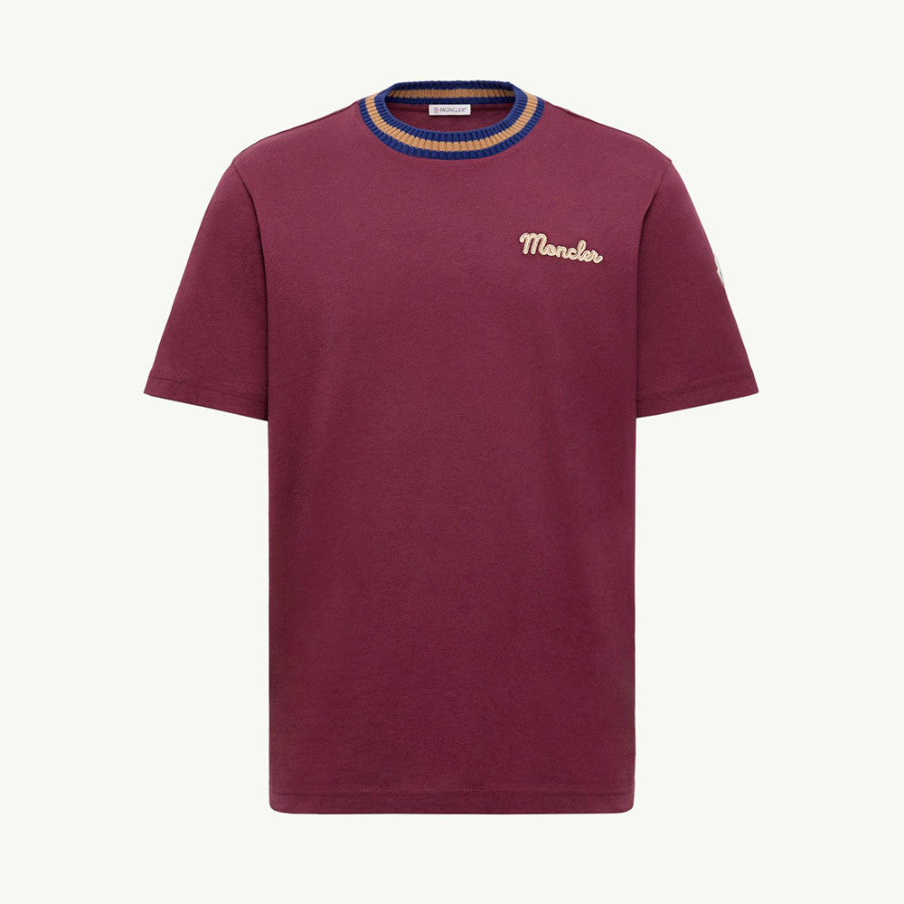 Moncler Burgundy Embroidered Logo Cotton T-Shirt Polos T-shirts #375498
