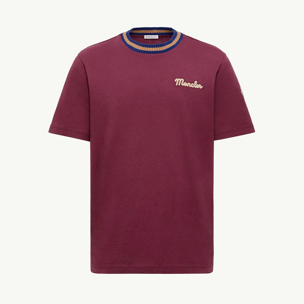 Moncler Burgundy Embroidered Logo Cotton T-Shirt Polos T-shirts #375498