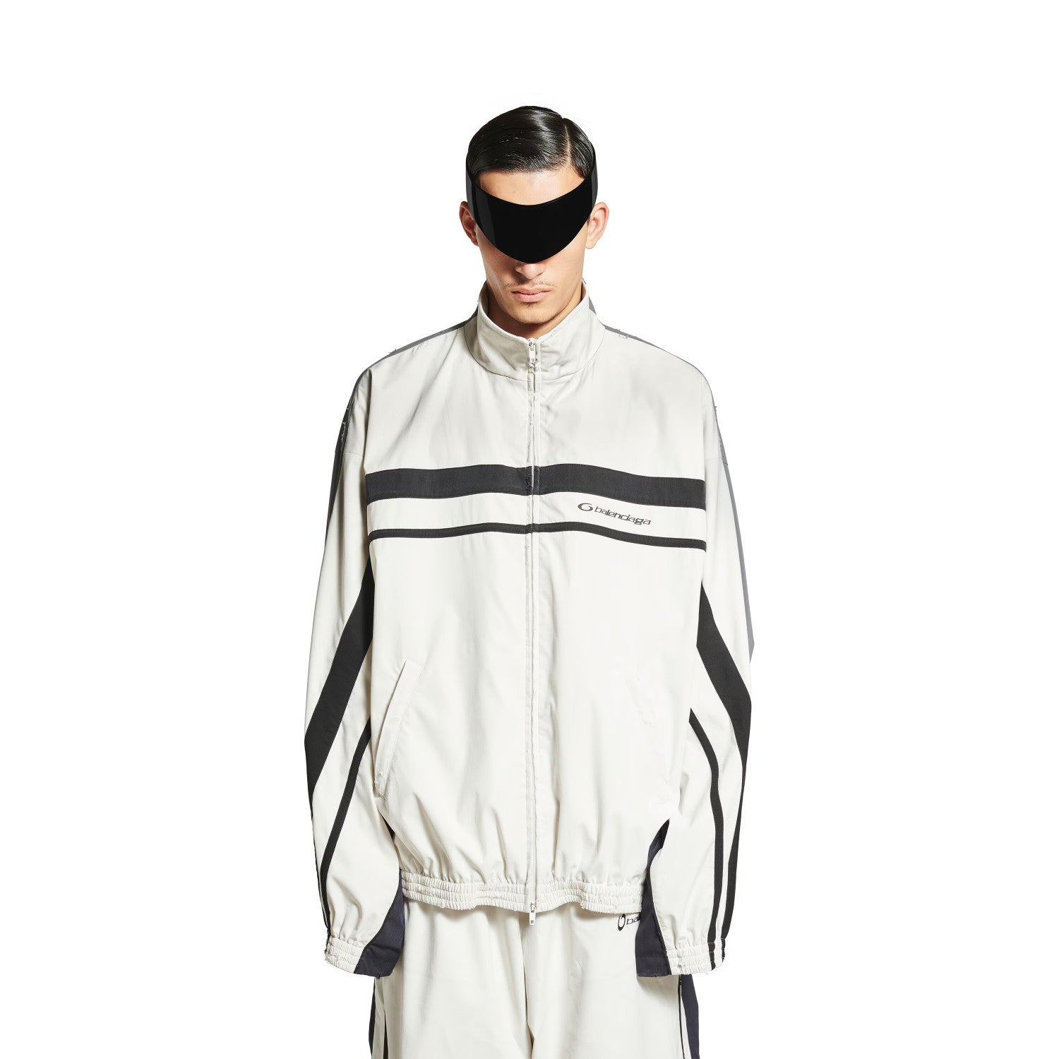 Balenciaga Men's Faded Black 50/50 Tracksuit Jacket Spring/Fall Zipper Long-Sleeve Outerwear Casual Patchwork Stretch Relaxed-Fit Sweatpants #81565