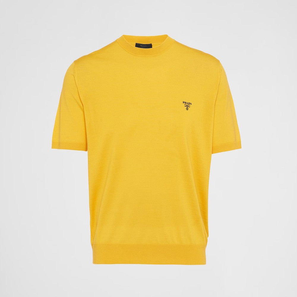 Prada Men's Spring/Summer Solid Color Logo Embroidery Superfine Wool Crew Neck Short Sleeve Sweater #98319