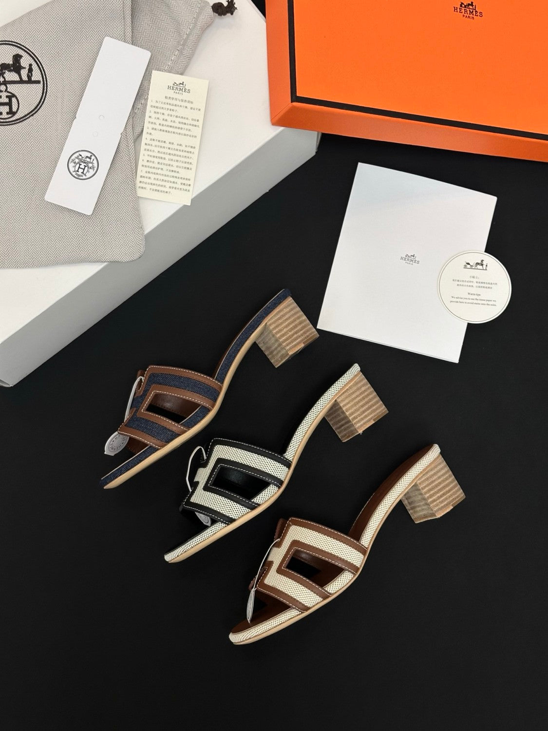 Hermès High-heeled Denim Patchwork Slippers #385101