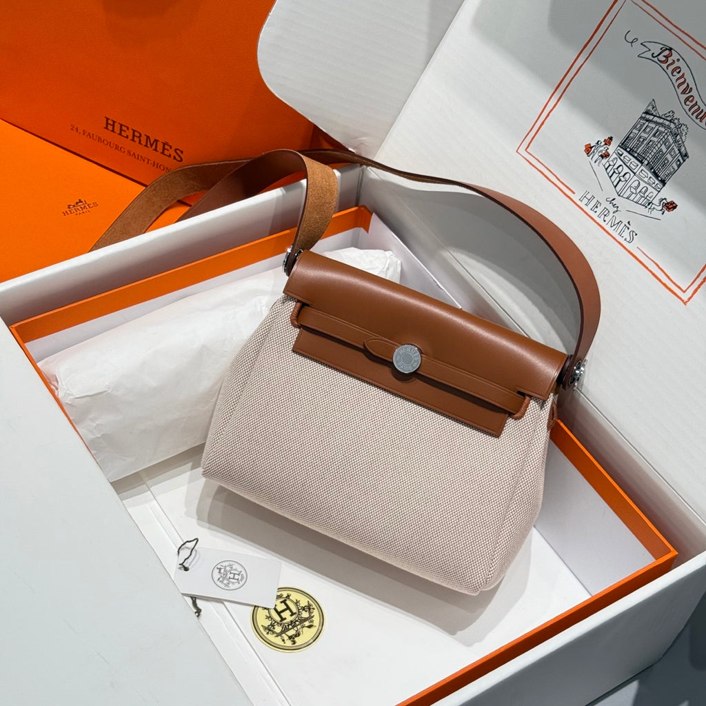 Hermes H -Mini Herbag Women's Color Blocking Metal Buckle Canvas and Cowhide Handbag Shoulder Satchel Bag Bags #76411