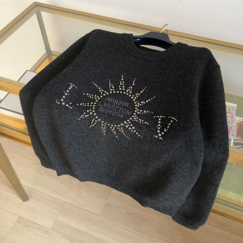 Louis Vuitton Men's Spring and Autumn Black Beaded Logo Geometric Print Round Neck Long Sleeve Sweater Pullover #72971