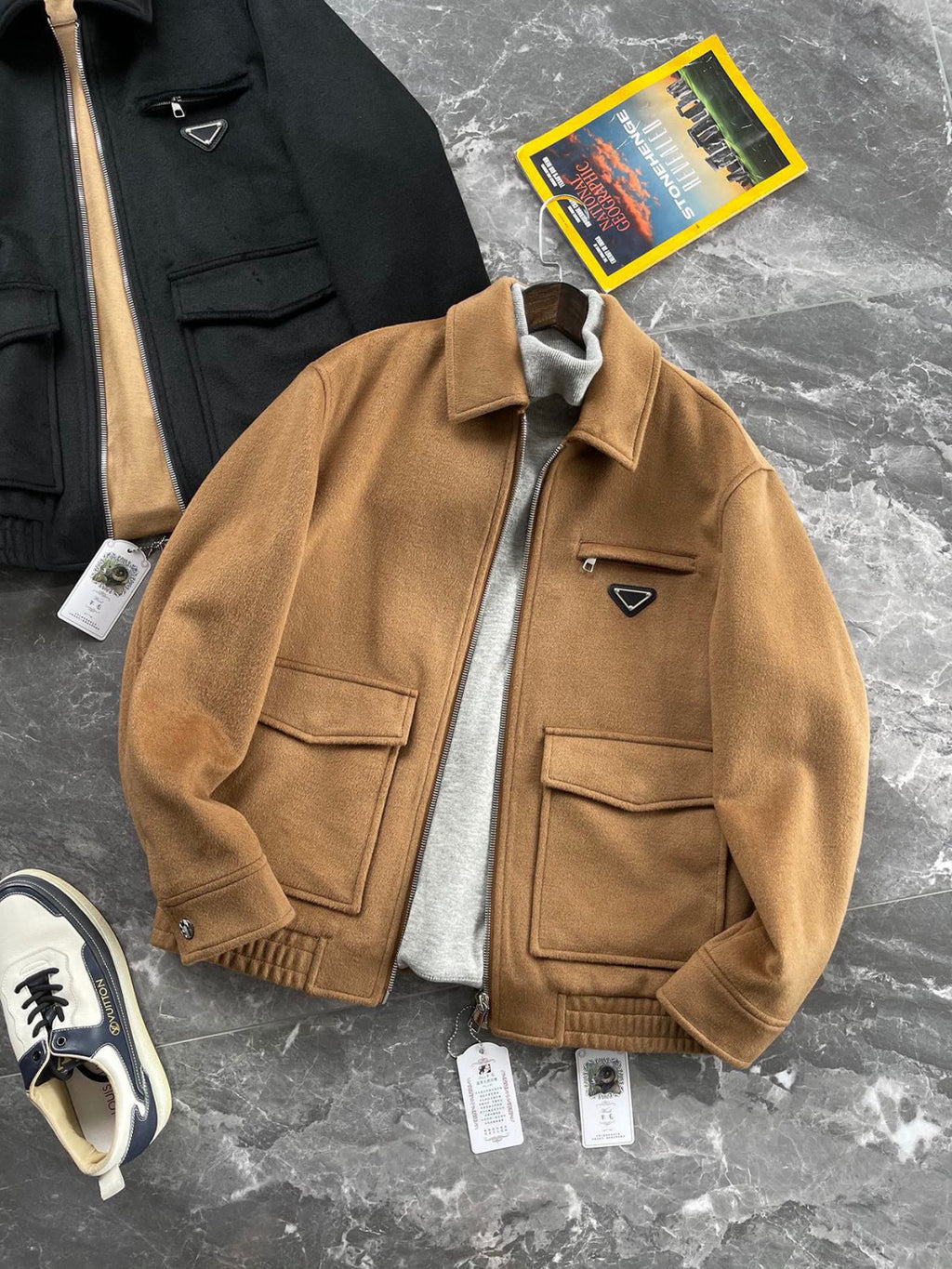 Prada Men's Autumn/Winter Inverted Triangle Logo Sheep Wool Lapel Zip Up Long Sleeve Jacket #97881