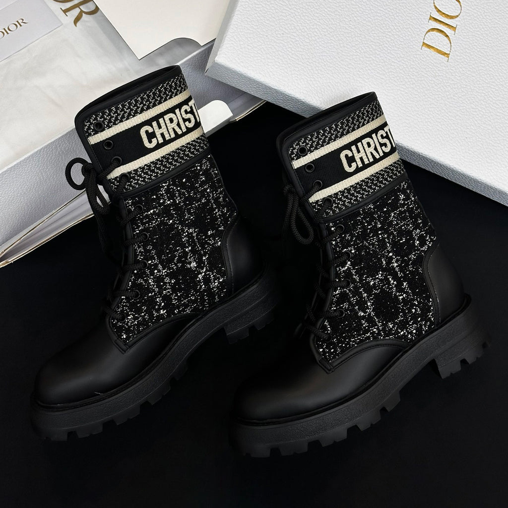 Dior Women's Autumn/Winter Fashion Casual Round Toe Lace Up Leather Light Sole Embroidered Lace Up Martin Boots Shoes #78289