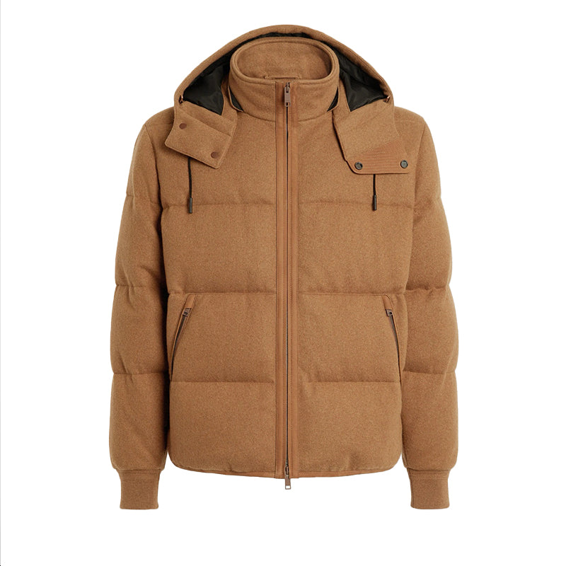 Ermenegildo Zegna  Men's Autumn And Winter Solid Color Standing Collar Zipper Removable Hood Knitted Wool Down Jacket  Ngvp #7417