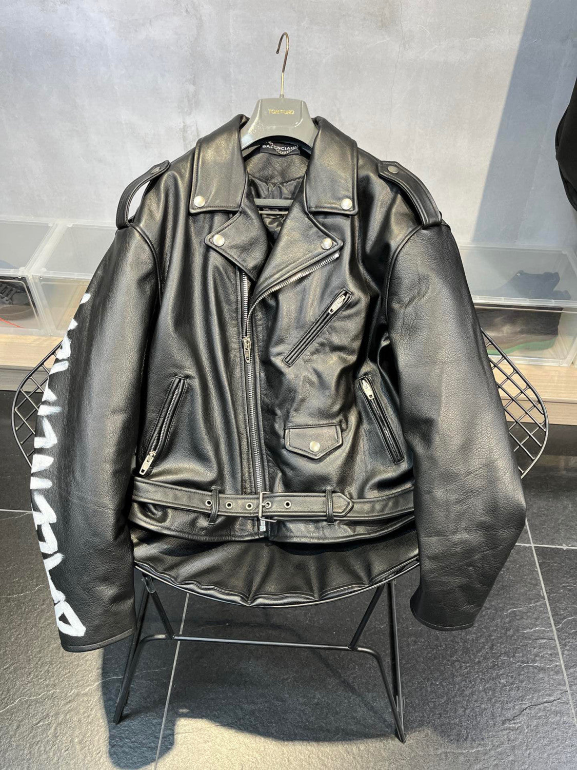 Balenciaga Letter Zip Leather Jacket in Black Ngvp #6497