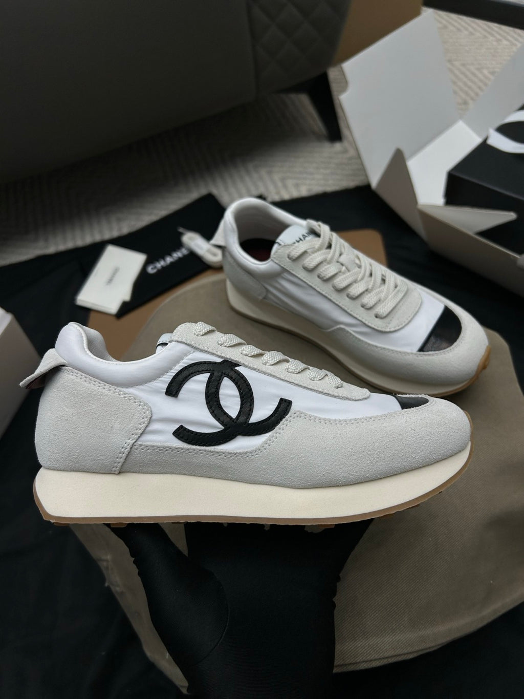 Chanel Sneakers Fabric & Suede Calfskin White & Black #377666