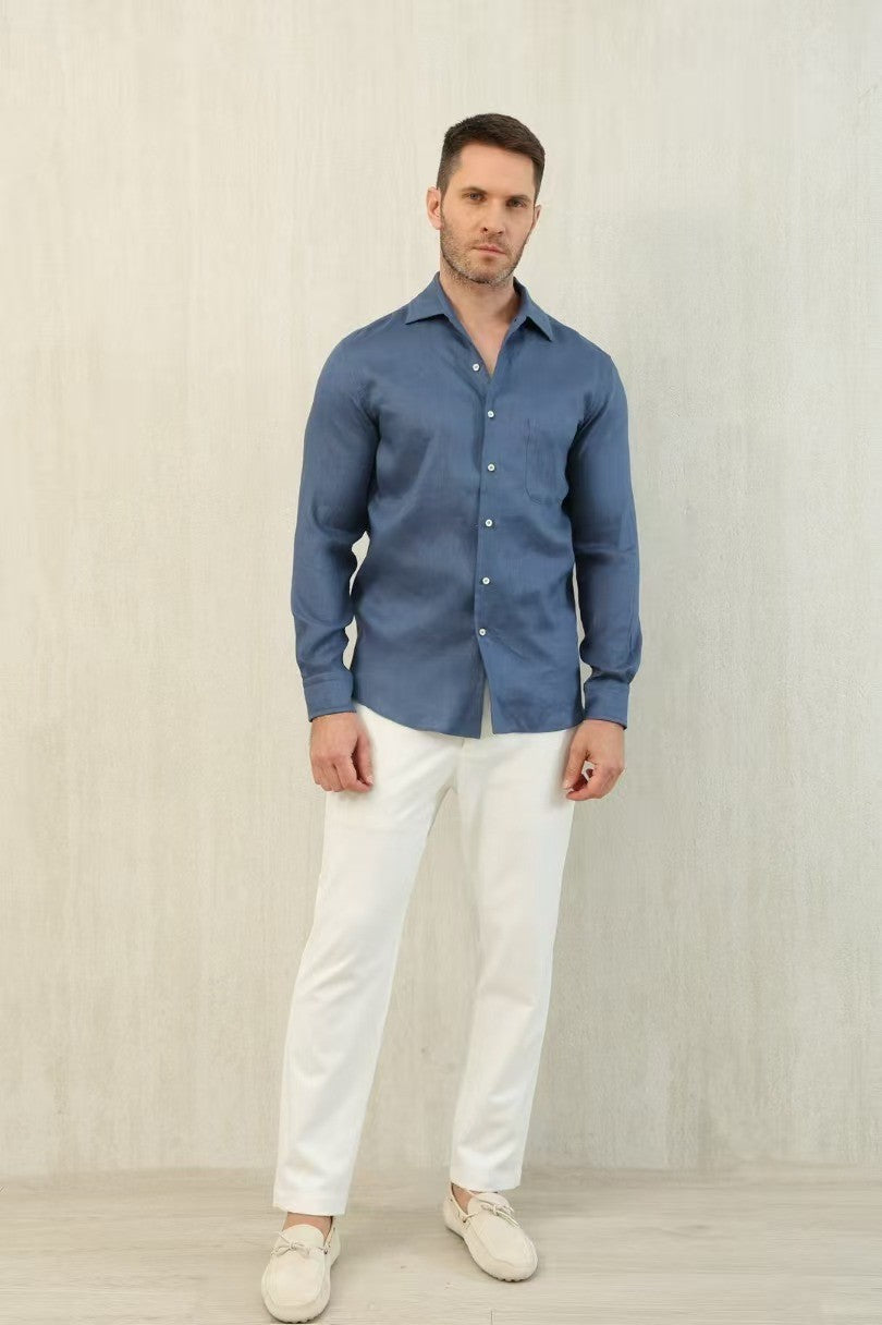 Loro Piana Men's Spring And Summer Solid Color André Shirt Lapel Single-breasted Linen Shirt Ngvp #7962