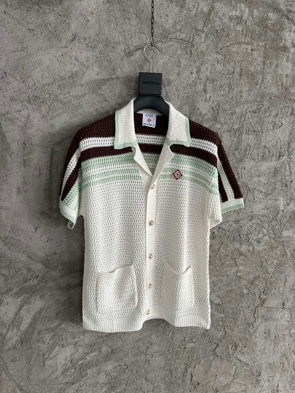 Casablanca Men's Summer Fashion Casual V-Neck Single Button Knit Striped Sweater Shirt with Elastic Drawstring Waist Knit Striped Shorts Suit Set #78593