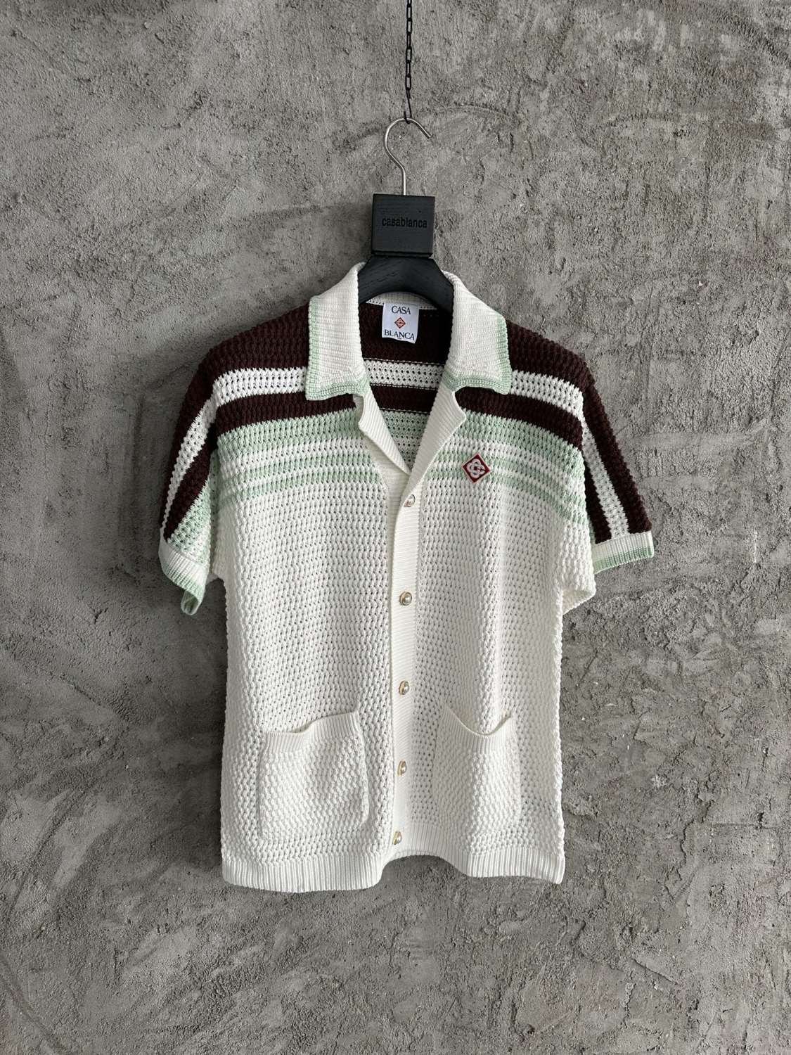 Casablanca Men's Summer Fashion Casual V-Neck Single Button Knit Striped Sweater Shirt with Elastic Drawstring Waist Knit Striped Shorts Suit Set #78593