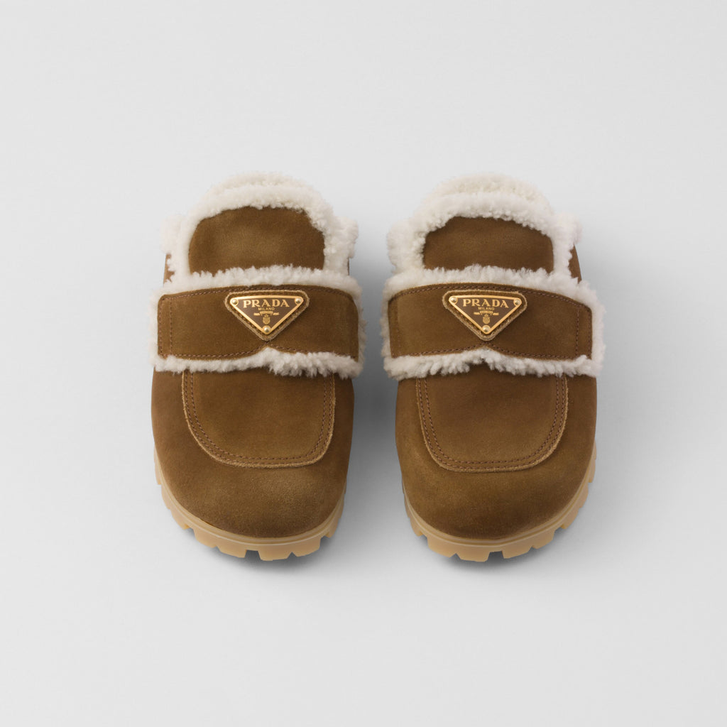 Prada Women's Fall/winter Casual Round Toe Slip On Fleece Lined Triangular Logo Birkenstock Style Slippers Shoes #79271