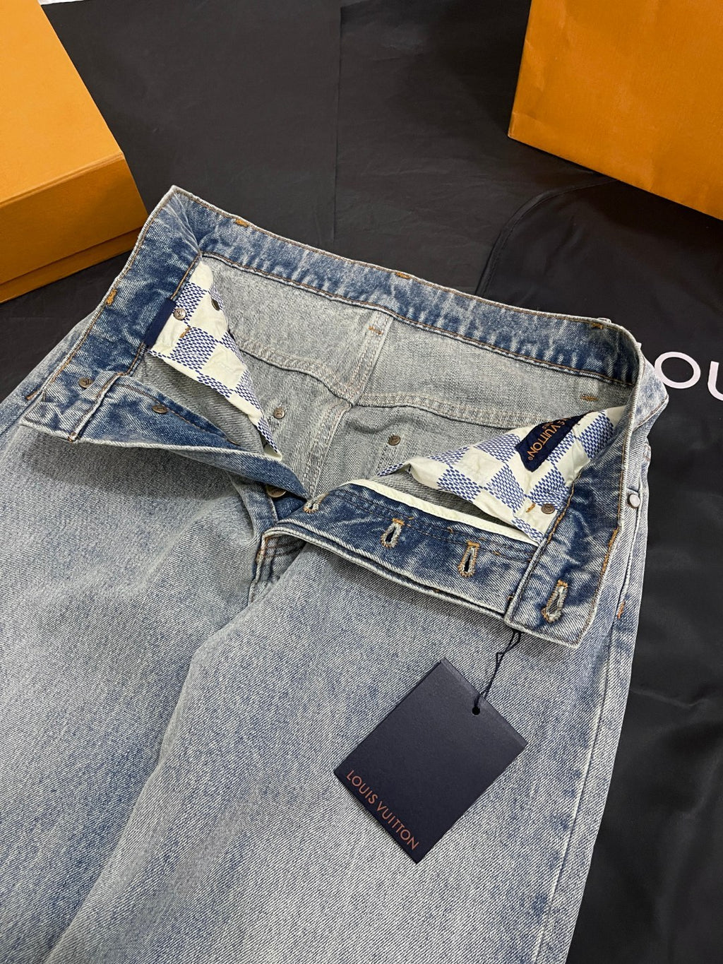 Louis Vuitton Men's Spring/Autumn Solid Color Embroidered Logo Pocket Jeans Pants #77221