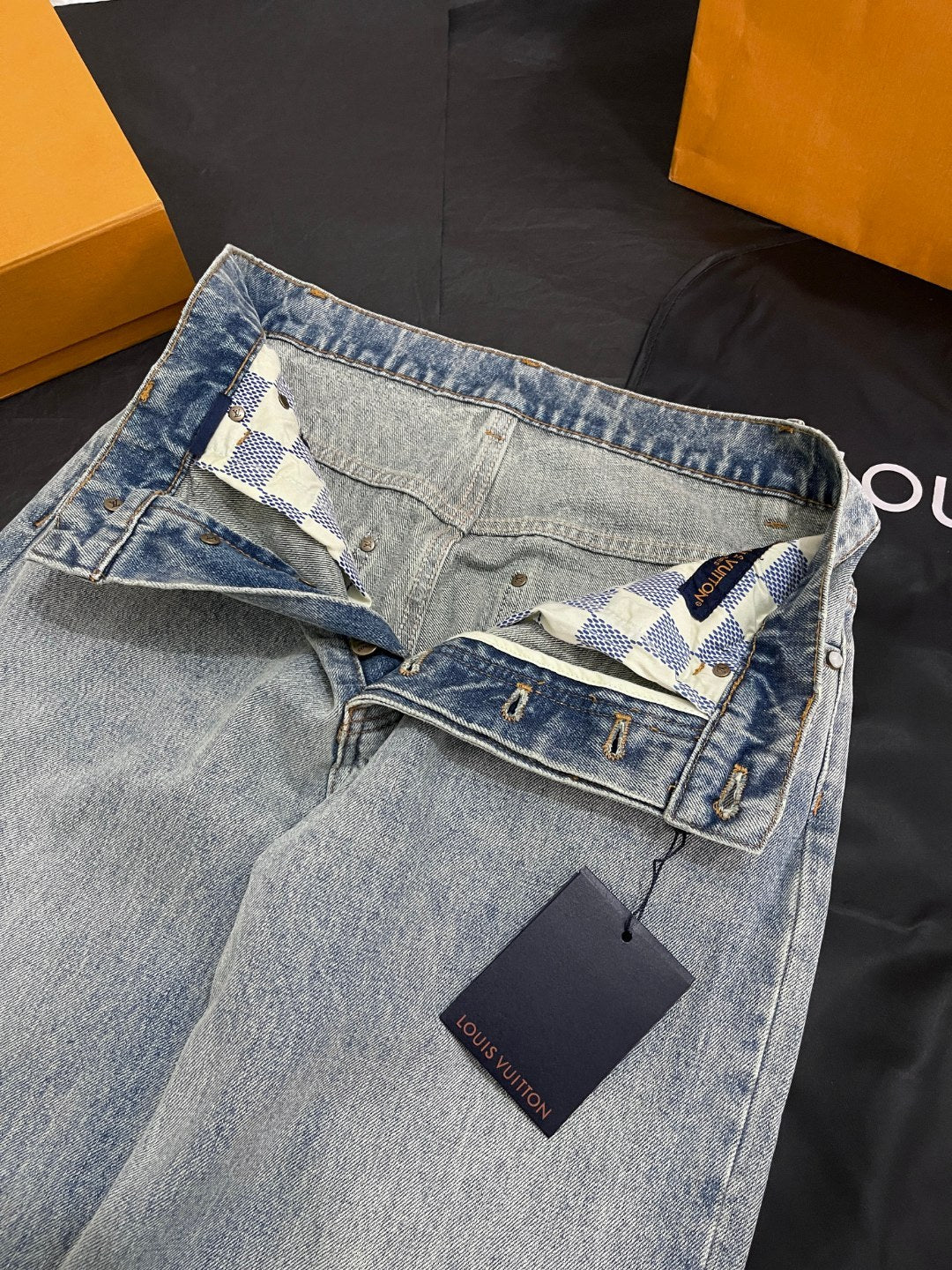 Louis Vuitton Men's Spring/Autumn Solid Color Embroidered Logo Pocket Jeans Pants #77221